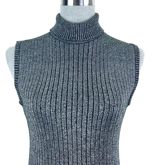 Sweaters - Vintage Lurex Silver Metallic Ribbed Turtleneck Sleeveless Sweater